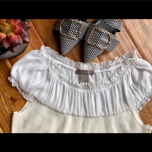 🆕 Kenar Cream and White Veiled Ruched Top - Picture 3 of 3